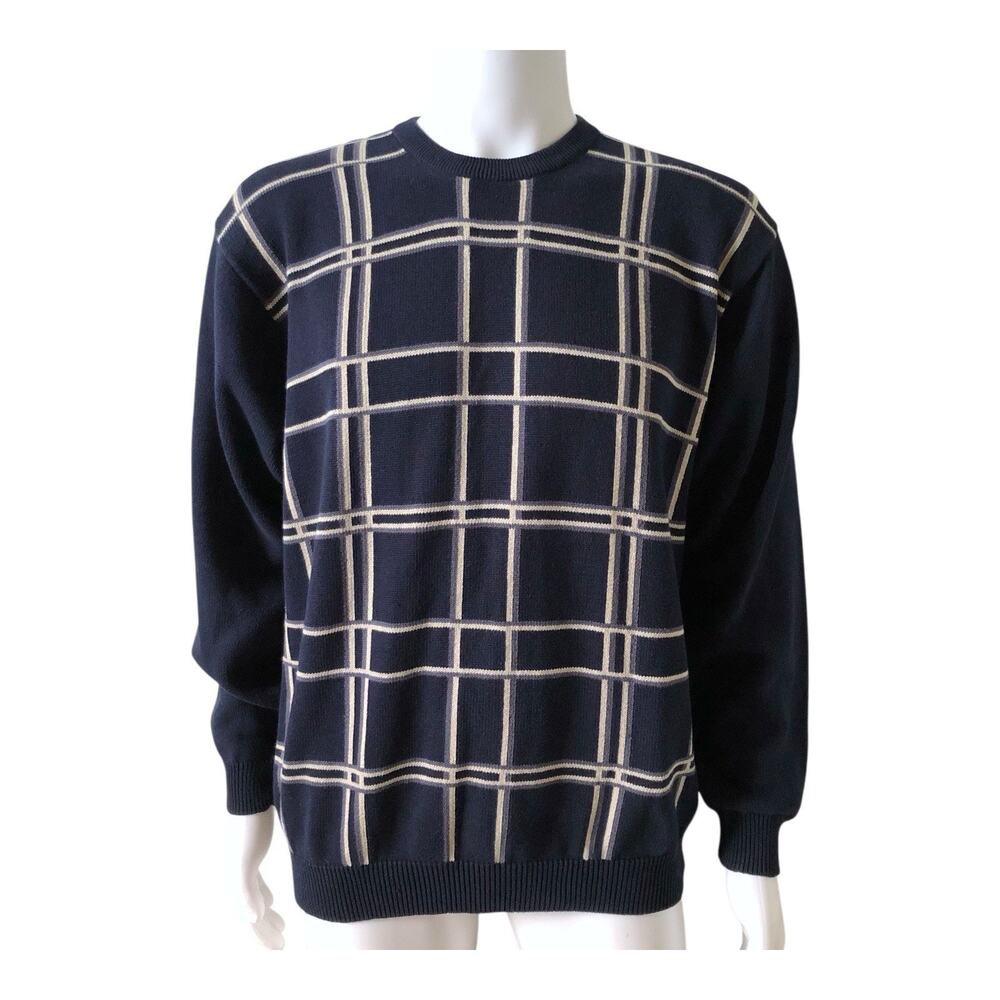 Don Ashford Golf Sweater Mens L Vintage Navy Plaid Windowpane Crewneck Pullover
